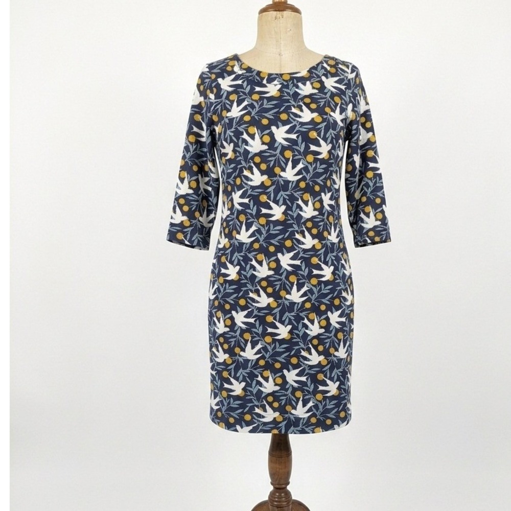 Boden Navy Blue Bird Print Shift Dress 3/4 Sleeve Size US 4L W0019